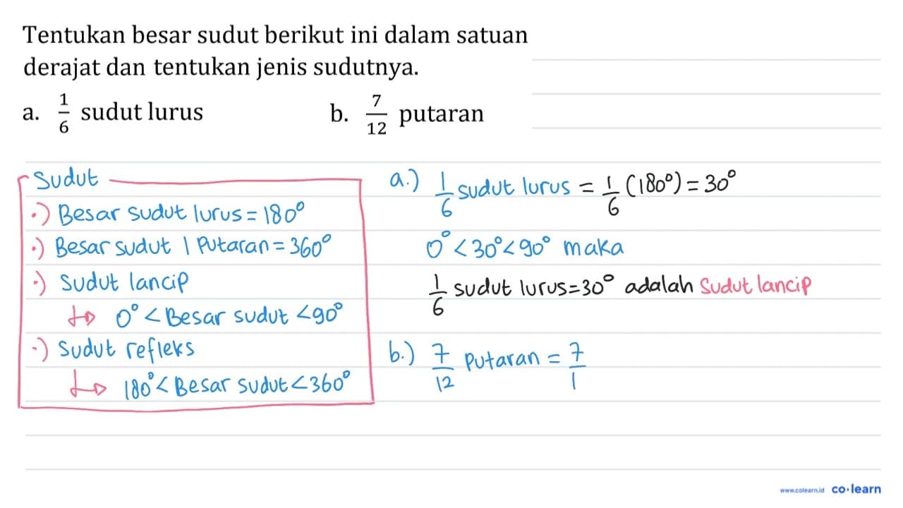 Tentukan besar sudut berikut ini dalam satuan derajat dan