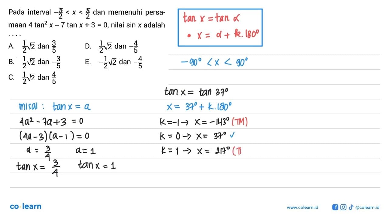 Pada interval -pi/2<x<pi/2 dan memenuhi persamaan 4 tan^2