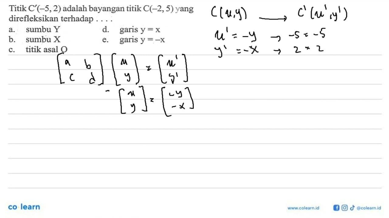 Titik C' (-5,2) adalah bayangan titik C(-2, 5) yang