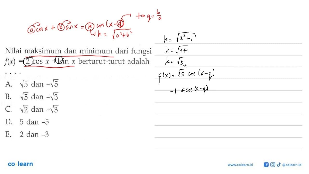 Nilai maksimum dan minimum dari fungsi f(x)=2 cos x+sin x