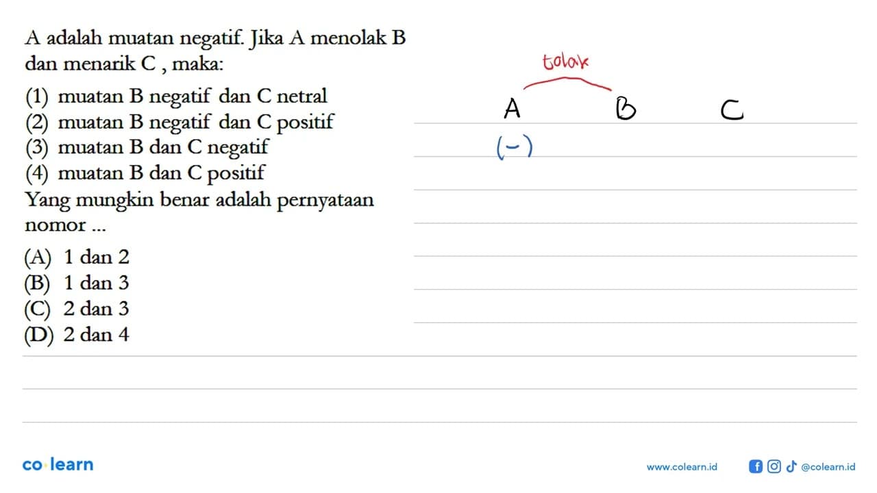 A adalah muatan negatif. Jika A menolak B dan menarik C ,