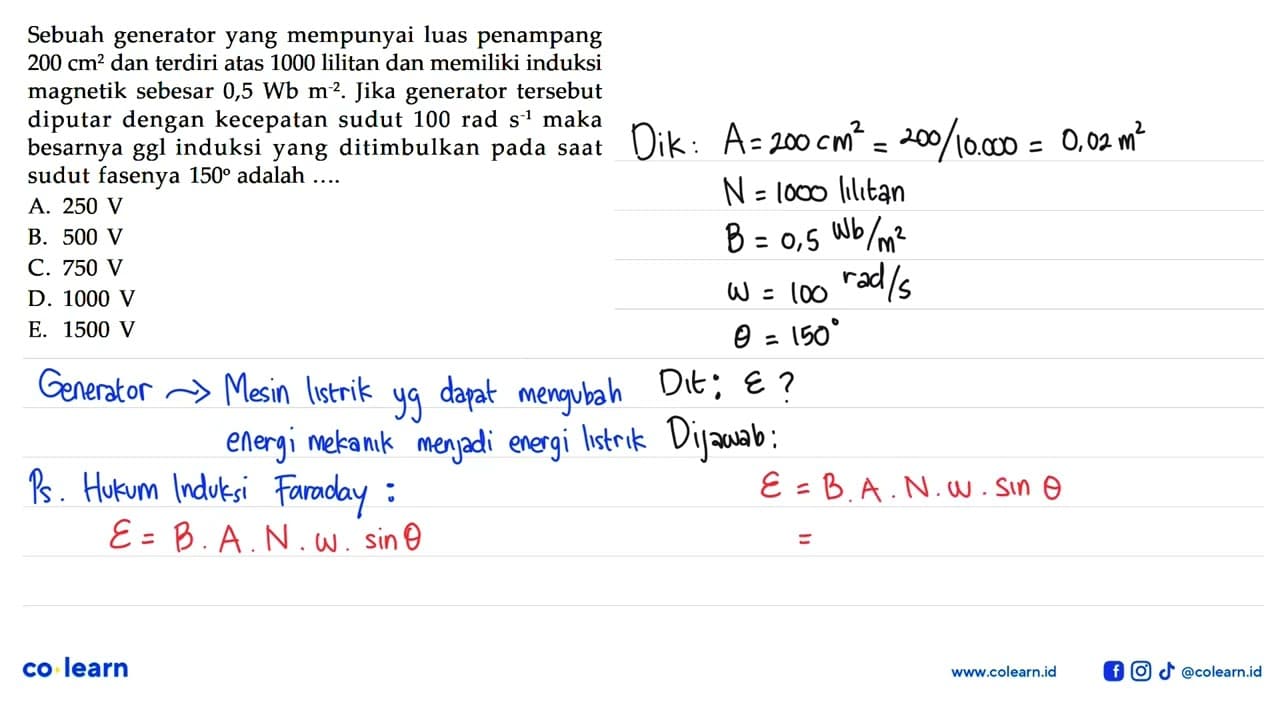 Sebuah generator yang mempunyai luas penampang 200 cm^2 dan