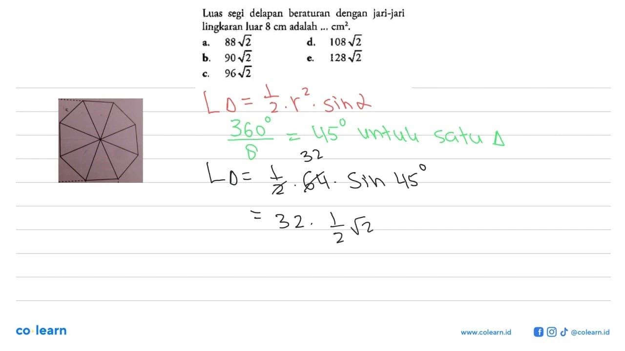 Luas segi delapan beraturan dengan jari-jari lingkaran luar