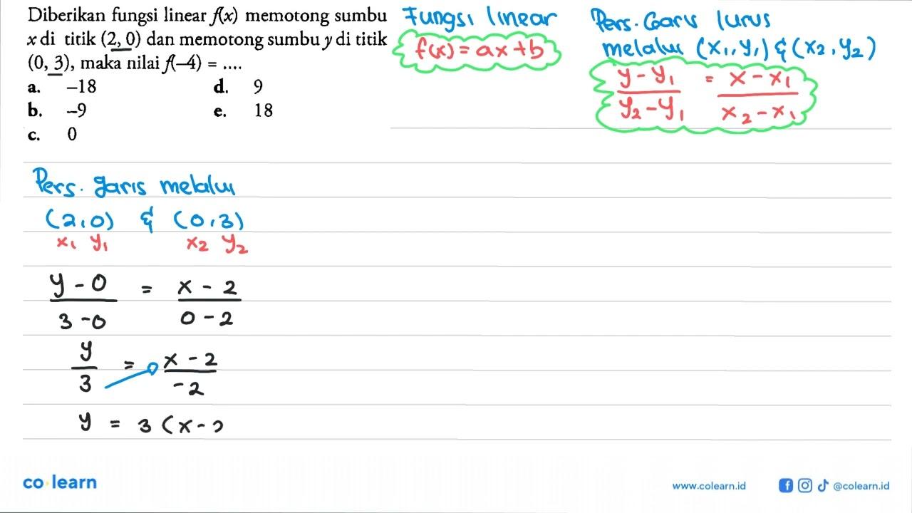 Diberikan fungsi linear f(x) memotong sumbu x di titik