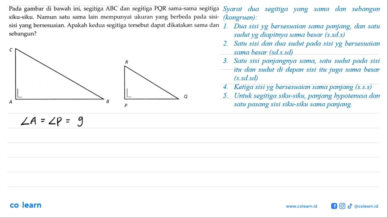 Pada gambar di bawah ini, segitiga ABC dan segitiga PQR