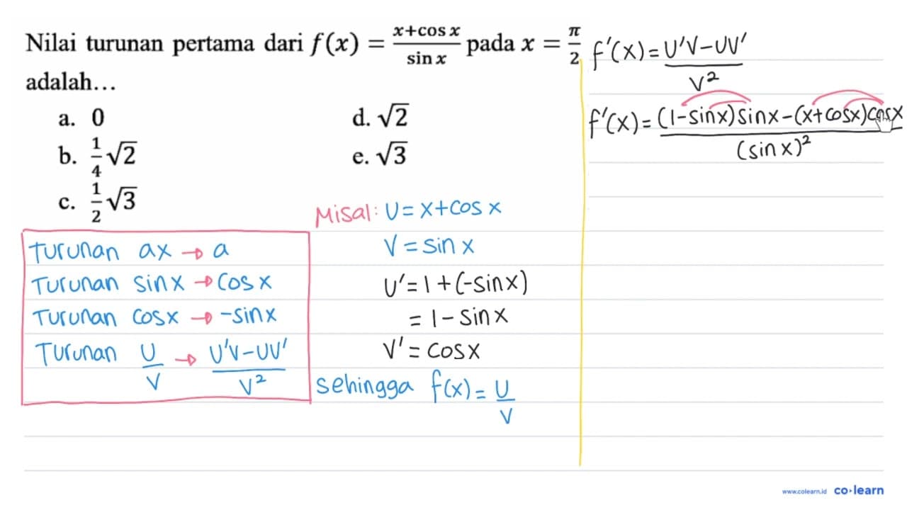 Nilai turunan pertama dari f(x)=(x+cos x)/(sin x) pada