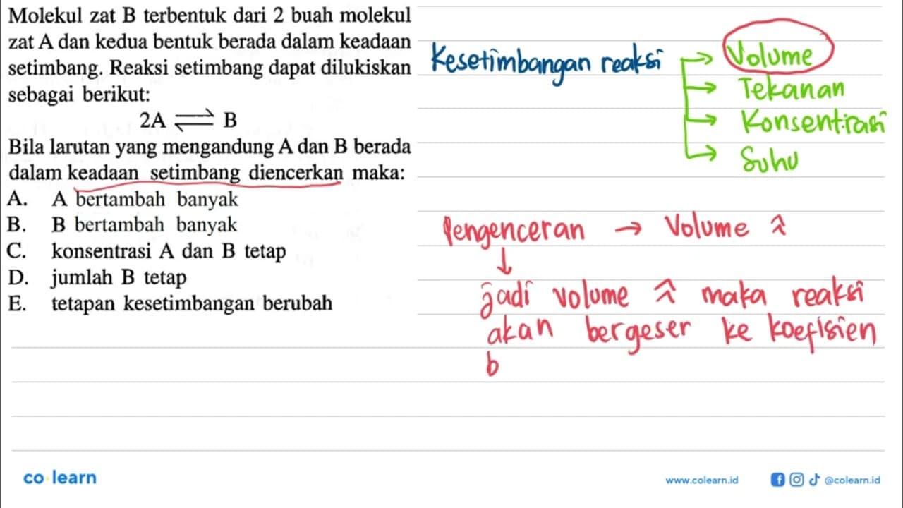 Molekul zat B terbentuk dari 2 buah molekul zat A dan kedua