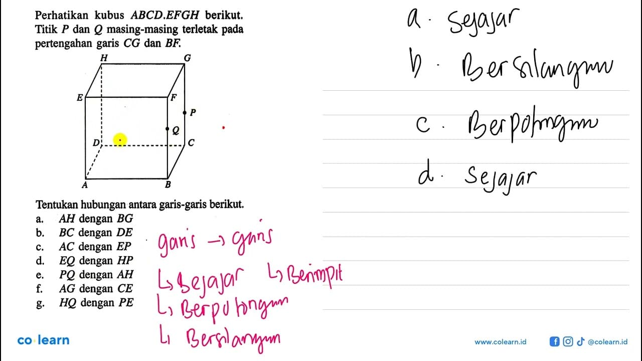 Perhatikan kubus ABCD.EFGH berikut. Titik P dan Q