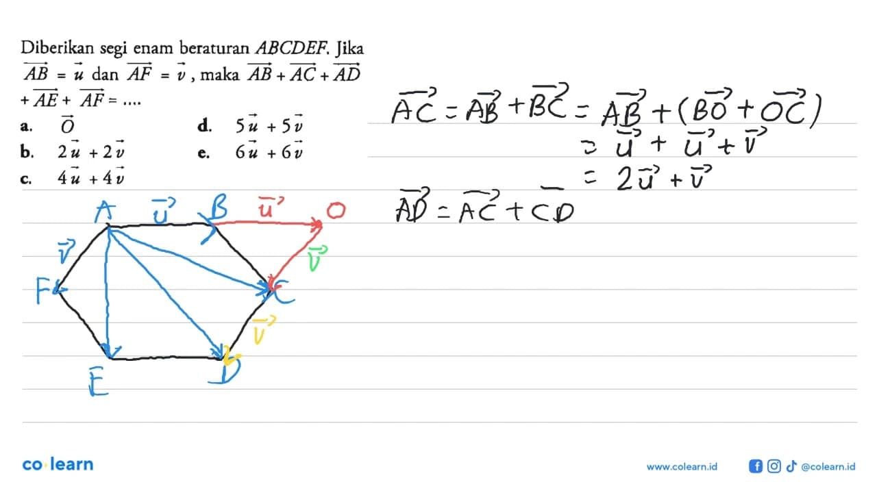 Diberikan segi enam beraturan ABCDEF. Jika AB=u dan AF=v,