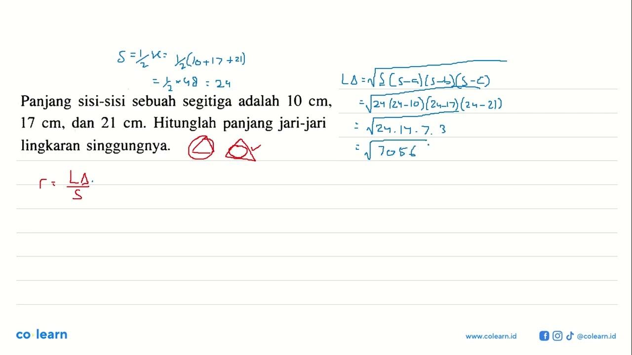 Panjang sisi-sisi sebuah segitiga adalah 10 cm, 17 cm, dan