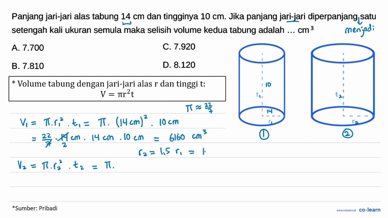 Panjang jari-jari alas tabung 14 cm dan tingginya 10 cm.