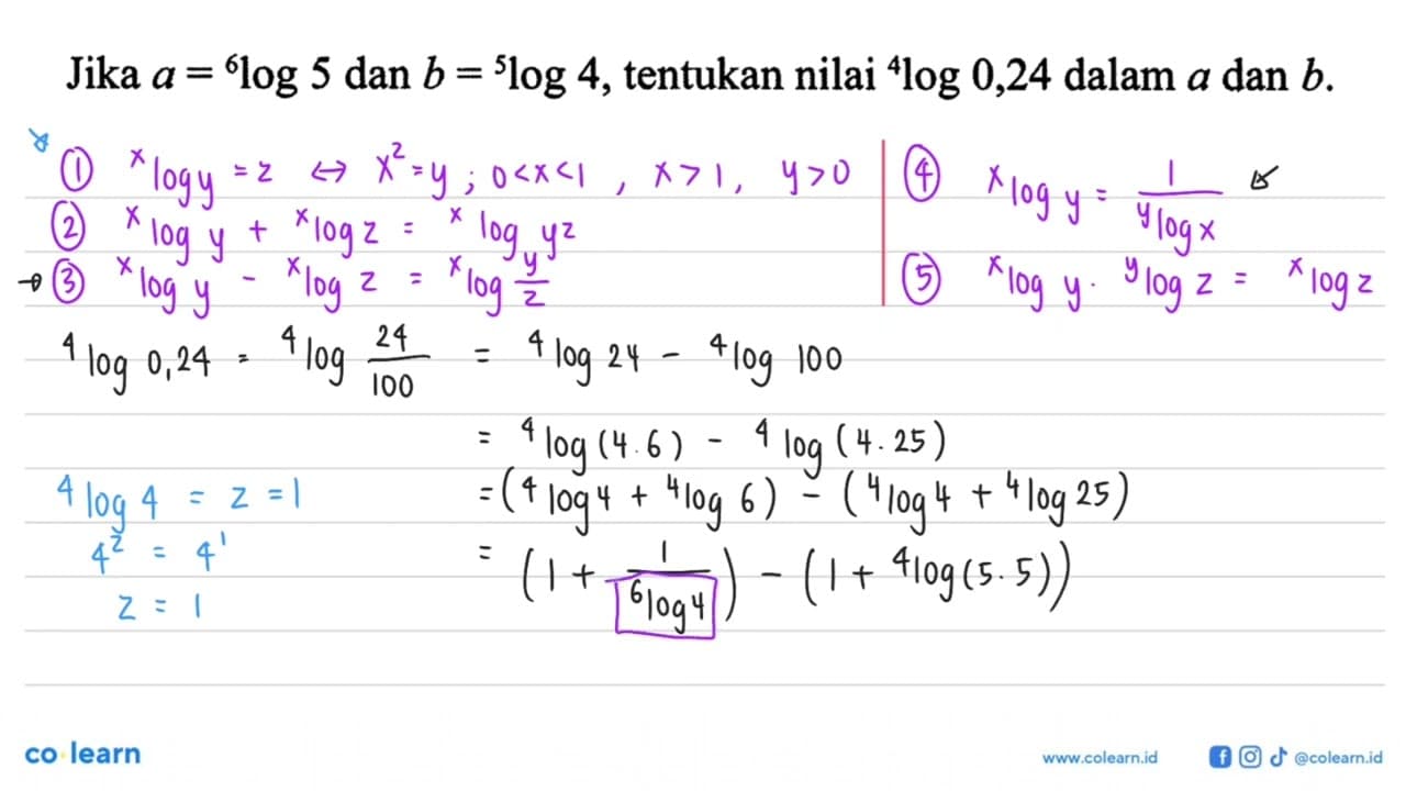 Jika a=6log5 dan b=5log4, tentukan nilai 4log0,24 dalam a