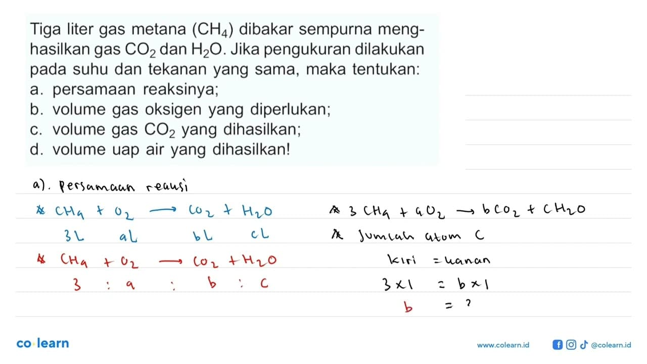 Tiga liter gas metana (CH4) dibakar sempurna menghasilkan