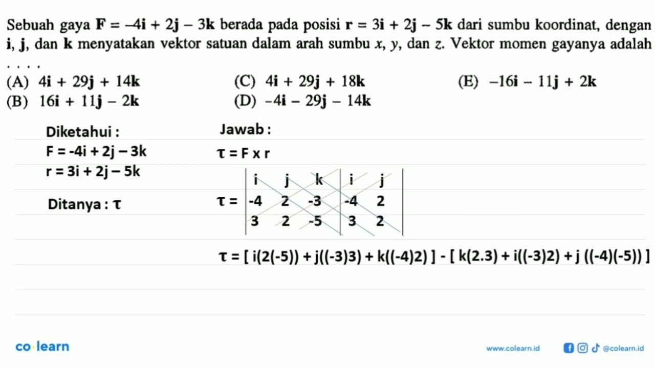 Sebuah gaya F = -4i + 2j - 3k berada pada posisi r = 3i +