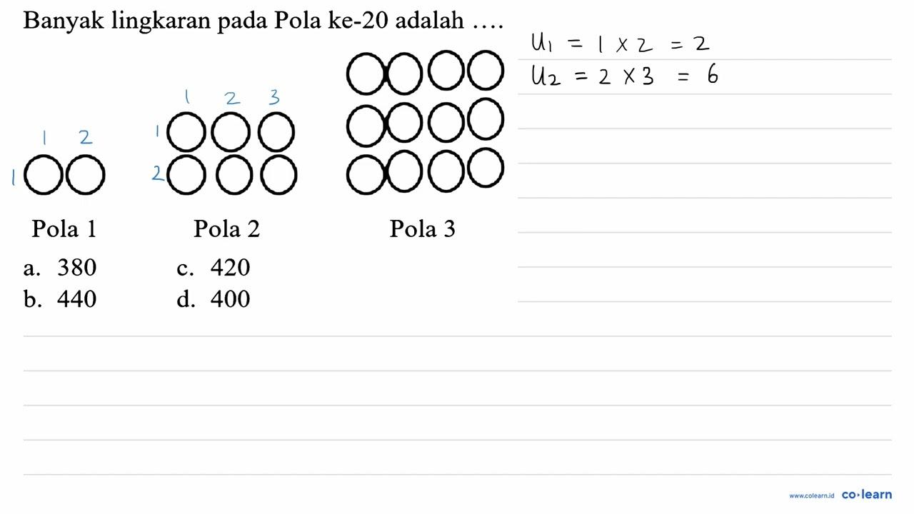 Banyak lingkaran pada Pola ke-20 adalah ....