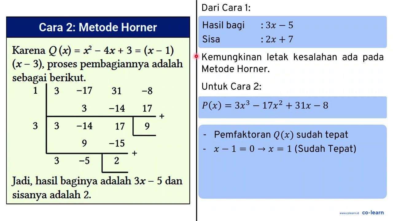 Pembagian bersusun dan metode Horner berikut digunakan