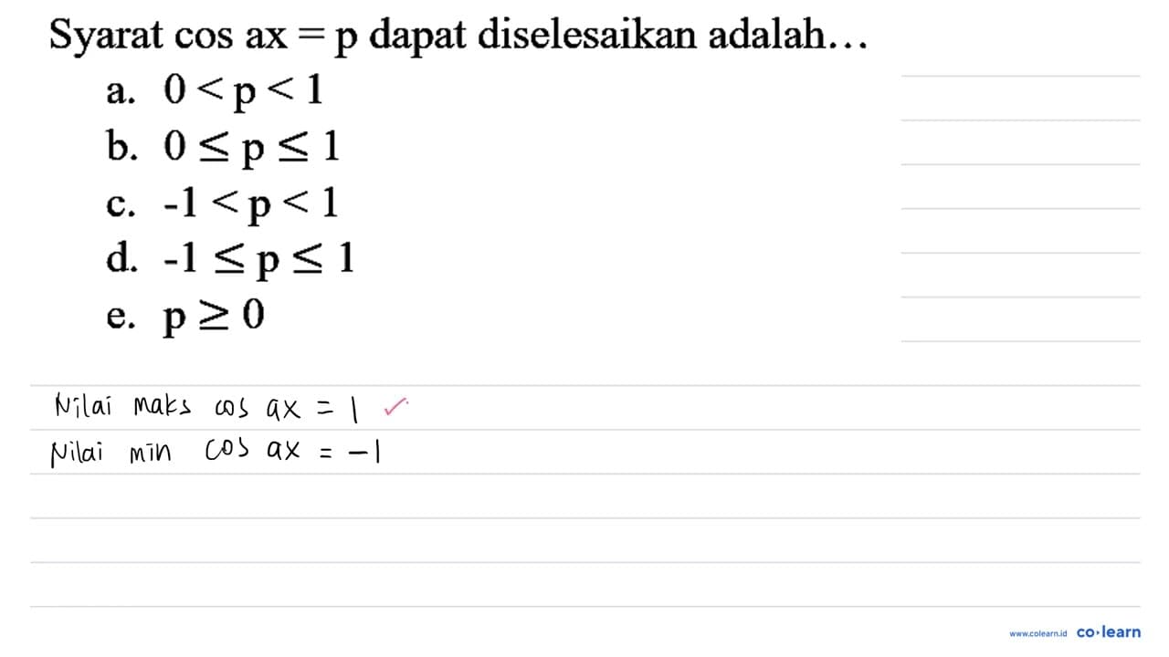 Syarat cos ax =p dapat diselesaikan adalah...