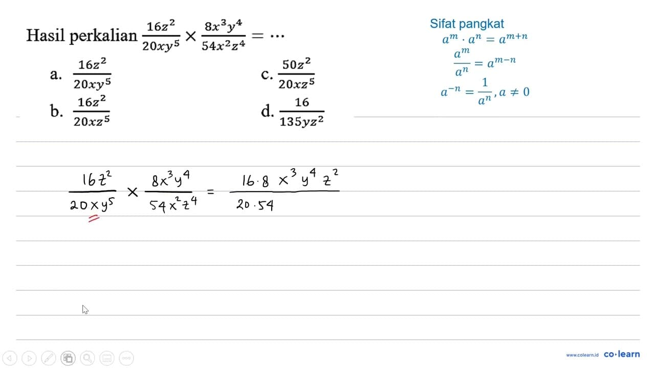 Hasil perkalian (16 z^(2))/(20 x y^(5)) x (8 x^(3)