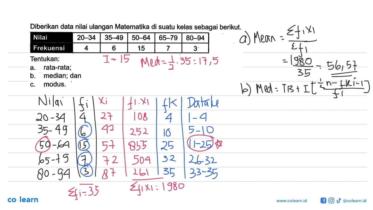 Diberikan data nilai ulangan Matematika di suatu kelas