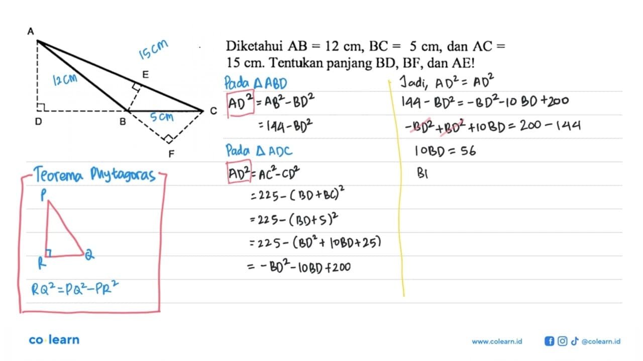 Diketahui AB=12 cm, BC=5 cm , dan AC=15 cm . Tentukan