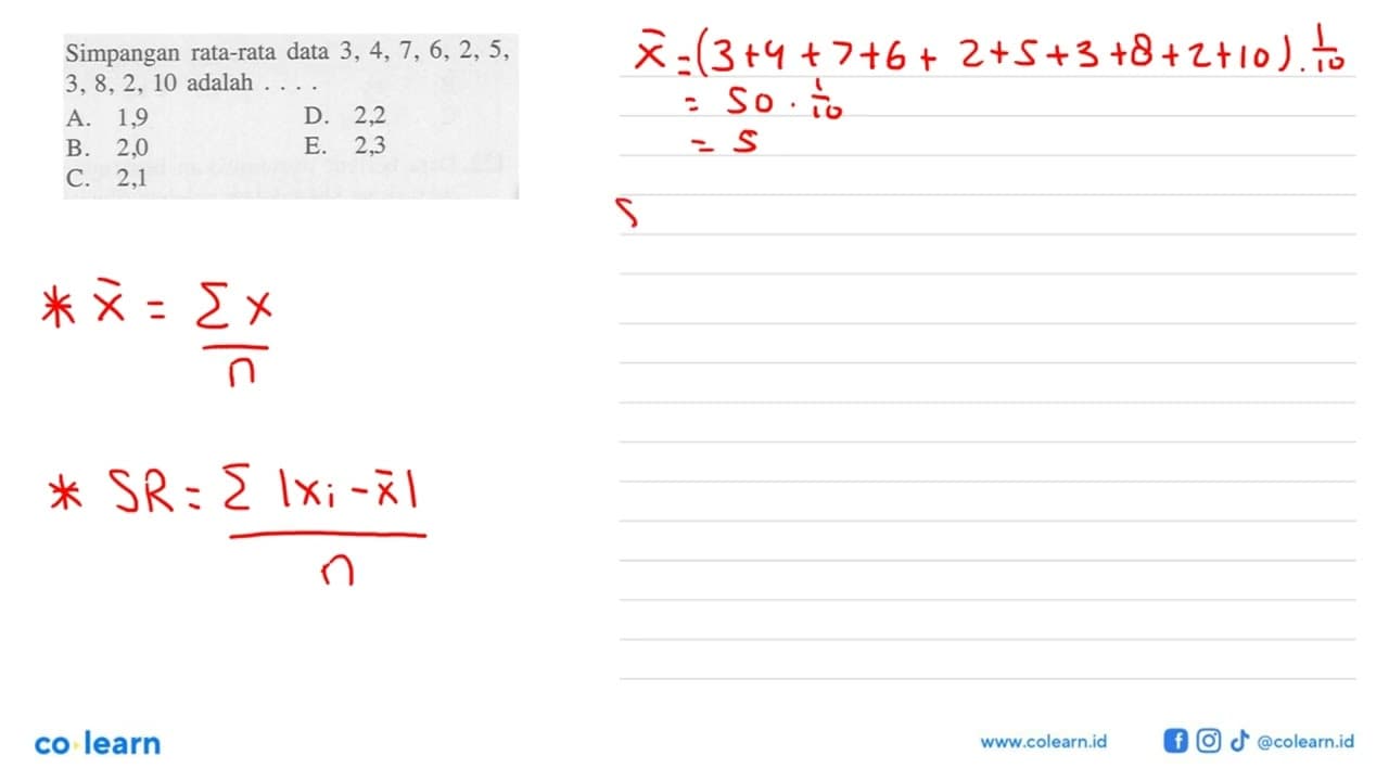 Simpangan rata-rata data 3, 4, 7, 6, 2, 5, 3, 8, 2, 10