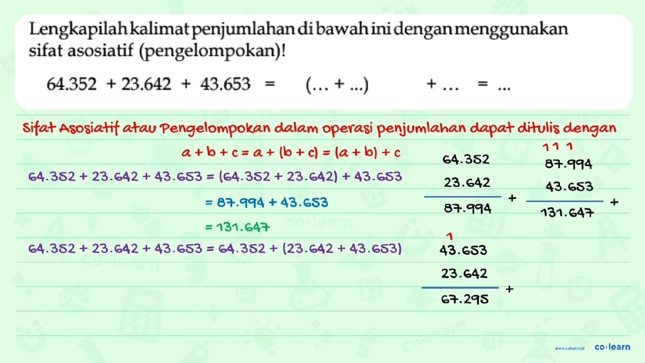 64.352 + 23.642 + 43.653 = ( ... + ... ) + .... = ...