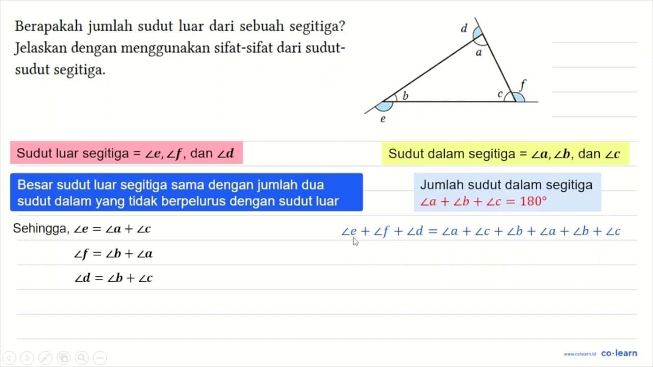 Berapakah jumlah sudut luar dari sebuah segitiga? Jelaskan