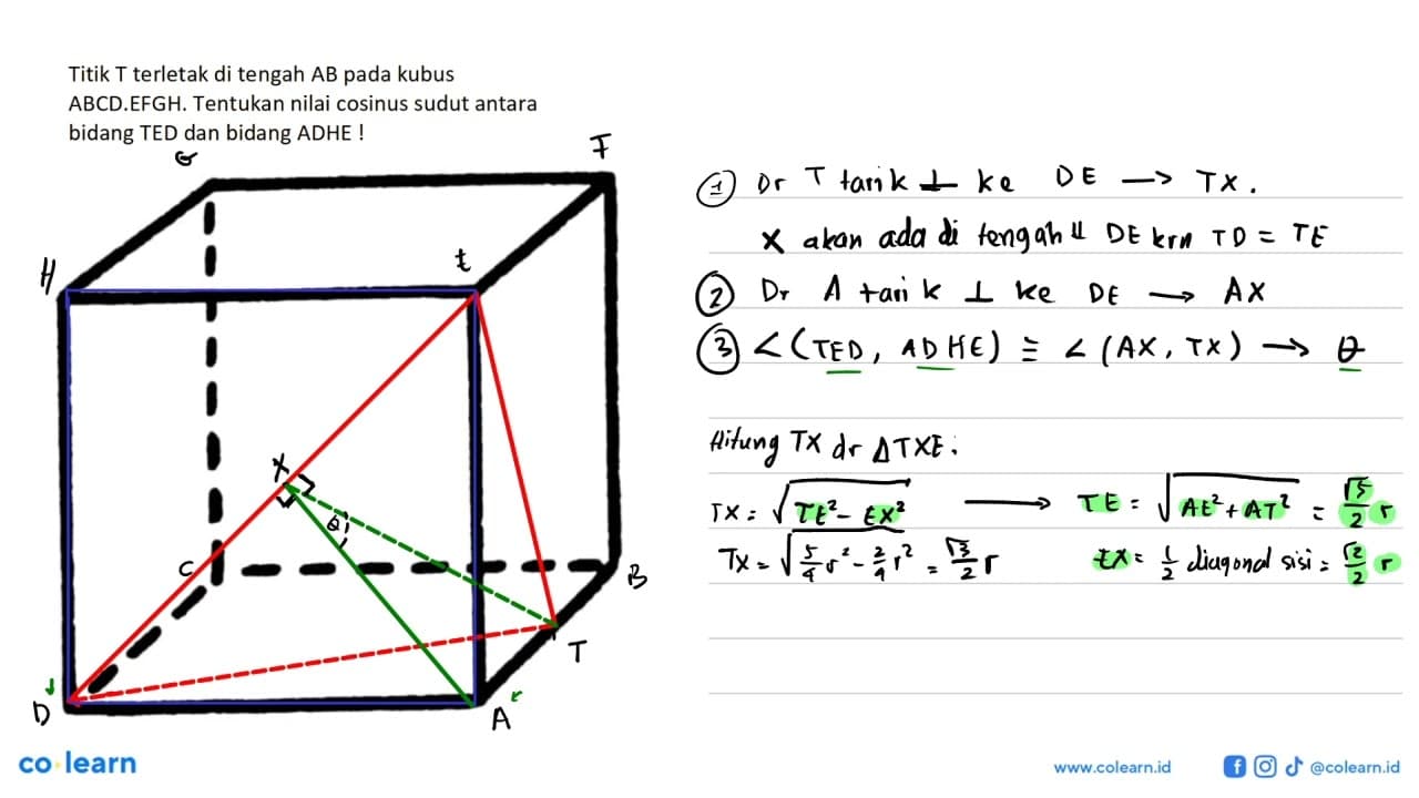 Titik T terletak di tengah AB pada kubus ABCD.EFGH.