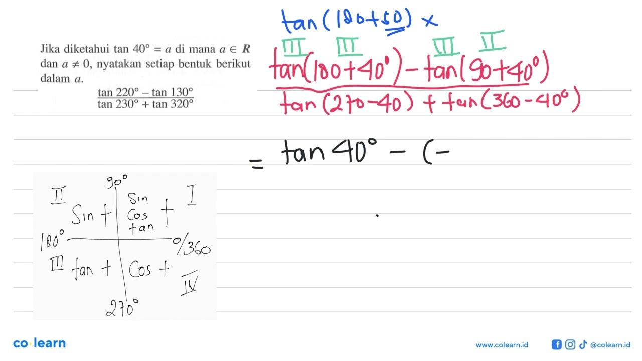 Jika diketahui tan 40=a di mana a e R dan a =/= 0 ,