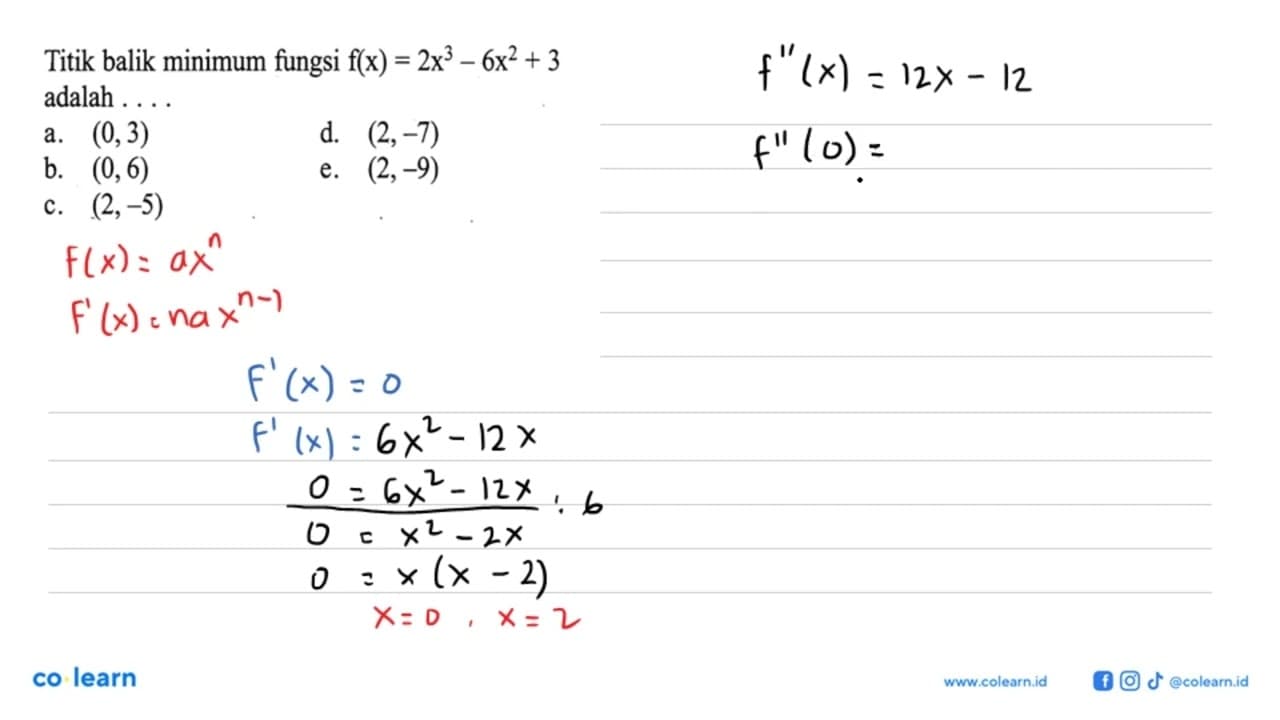 Titik balik minimum fungsi f(x)=2x^3-6x^2+3 adalah . . .