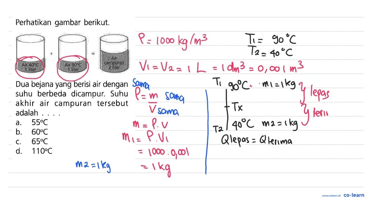 Perhatikan gambar berikut. Air 40 C 1 liter + Air 90 C 1