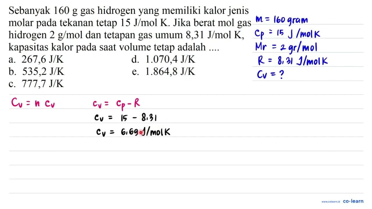 Sebanyak 160 g gas hidrogen yang memiliki kalor jenis molar