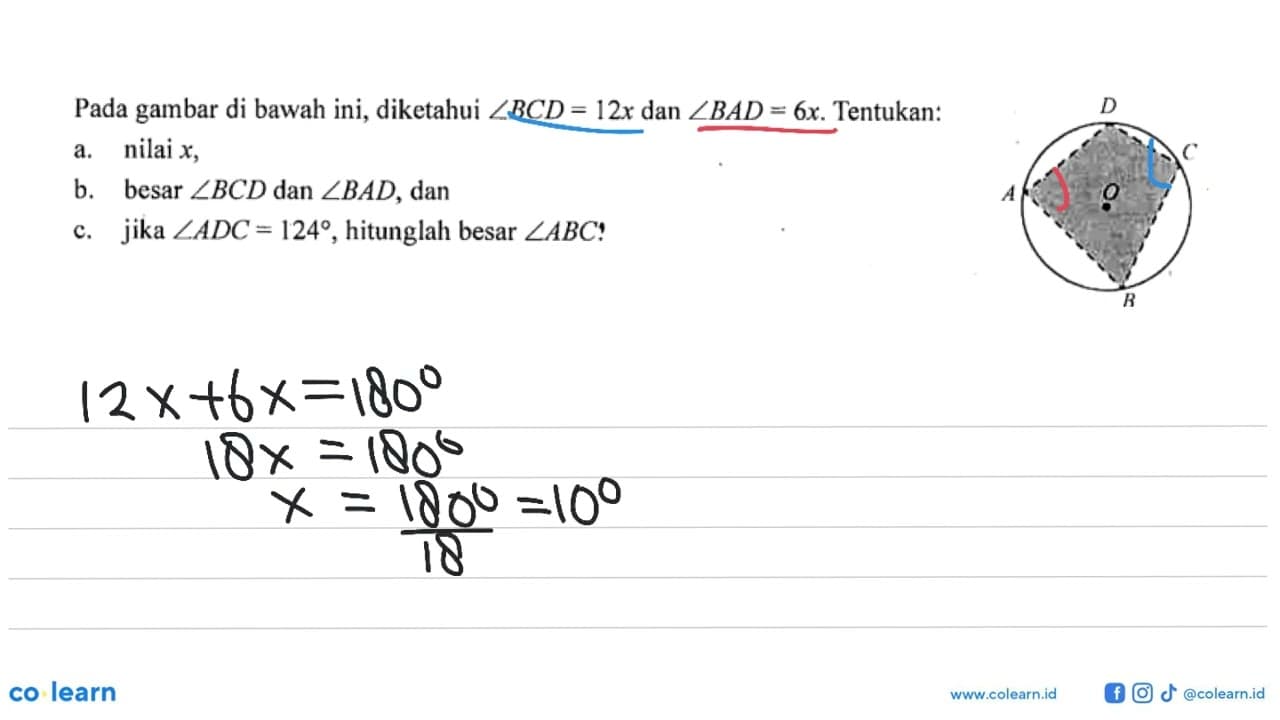 Pada gambar di bawah ini, diketahui sudut BCD=12x dan sudut