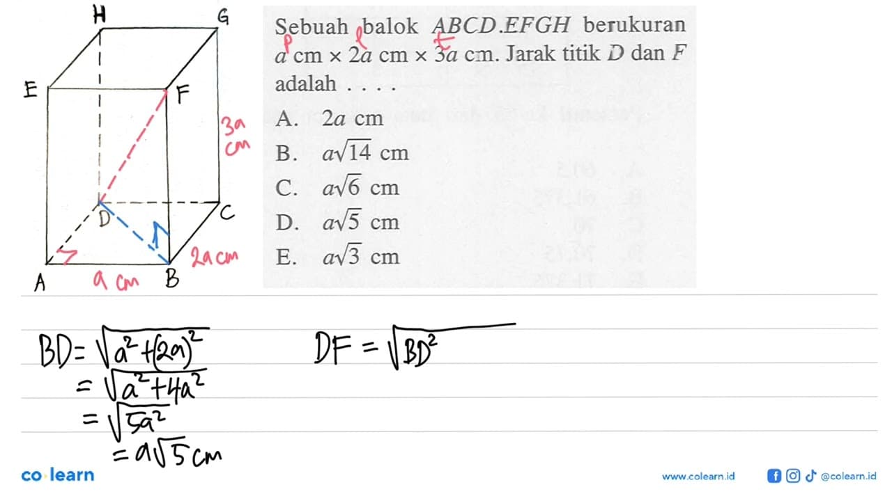 Sebuah balok ABCD.EFGH berukuran a cm x 2a cm x 3a cm.