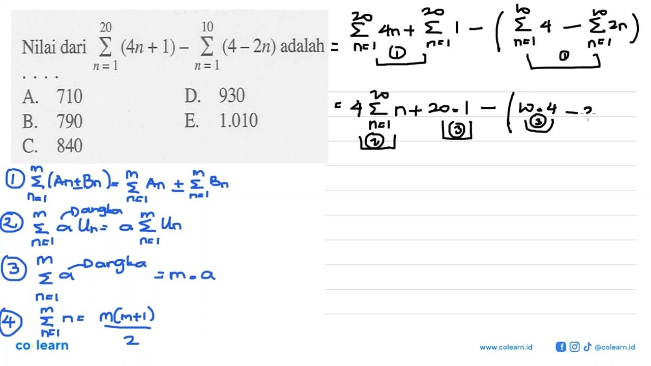 Nilai dari sigma n=1 20 (4n+1) - sigma n=1 10 (4-2n) adalah