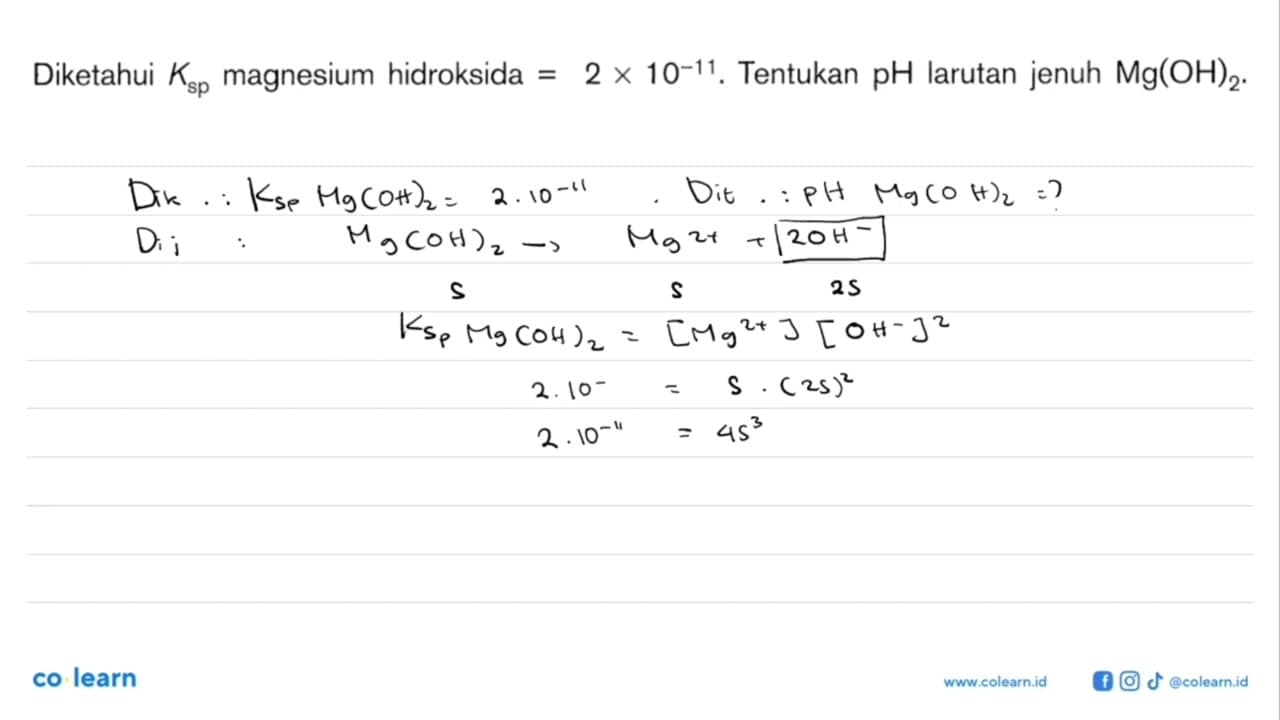 Diketahui Ksp magnesium hidroksida=2 x 10^(-11). Tentukan