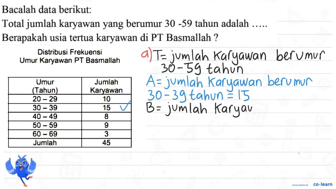 Bacalah data berikut: Total jumlah karyawan yang berumur 30