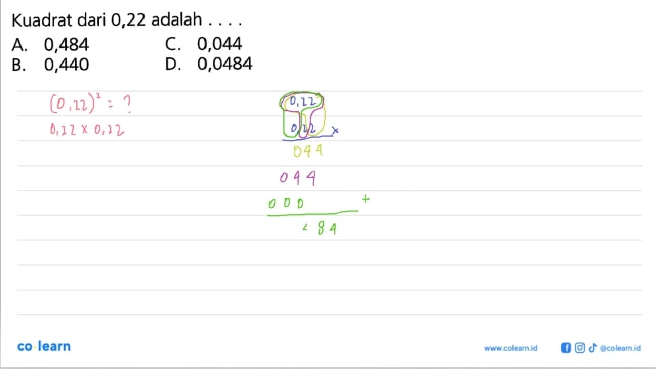 Kuadrat dari 0,22 adalah ....