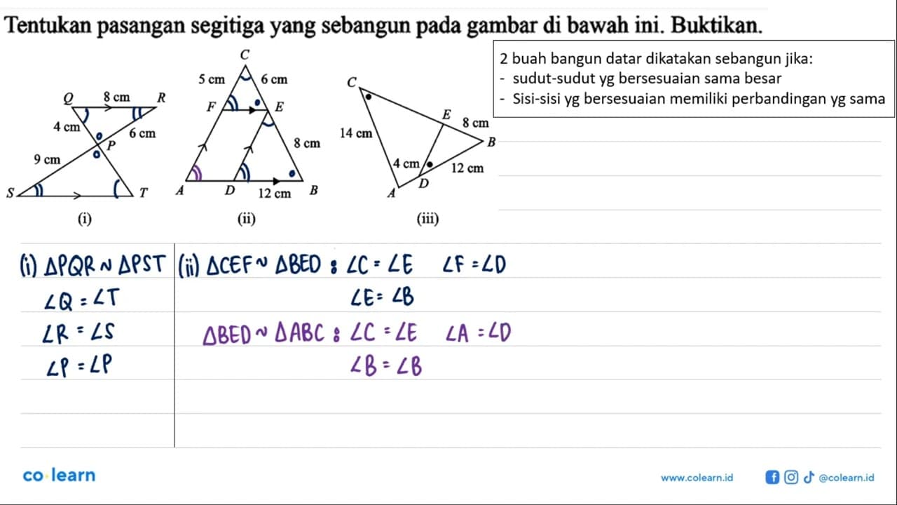 Tentukan pasangan segitiga yang sebangun pada gambar di