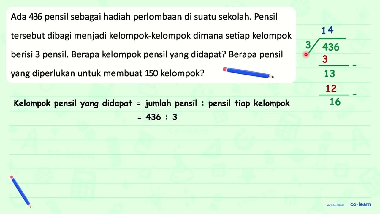 Ada 436 pensil sebagai hadiah perlombaan di suatu sekolah.