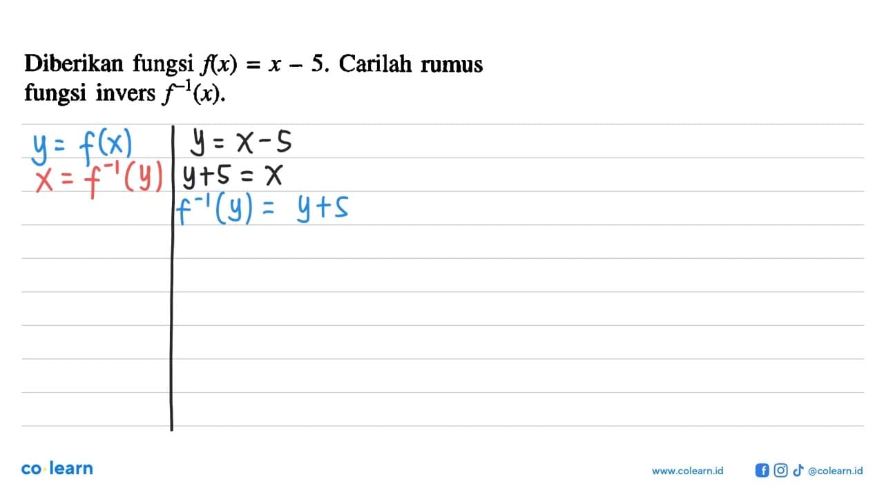 Diberikan fungsi f(x)=x-5 . Carilah rumus fungsi invers