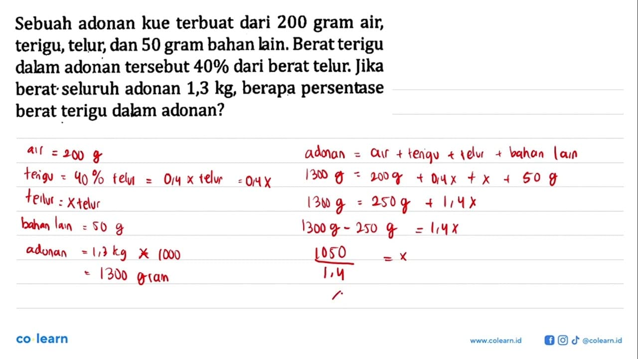 Sebuah adonan kue terbuat dari 200 gram air, terigu, telur,