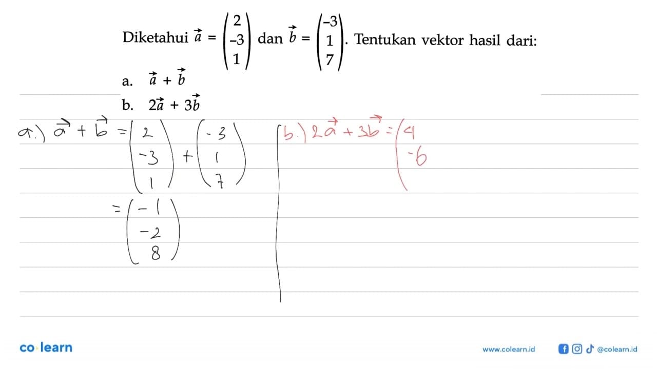 Diketahui a=(2 -3 1) dan b=(-3 1 7). Tentukan vektor hasil