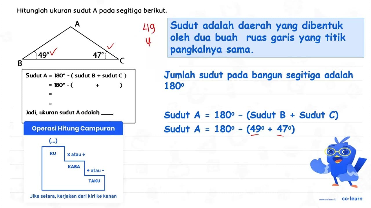 Hitunglah ukuran sudut A poda segitigo berikut.