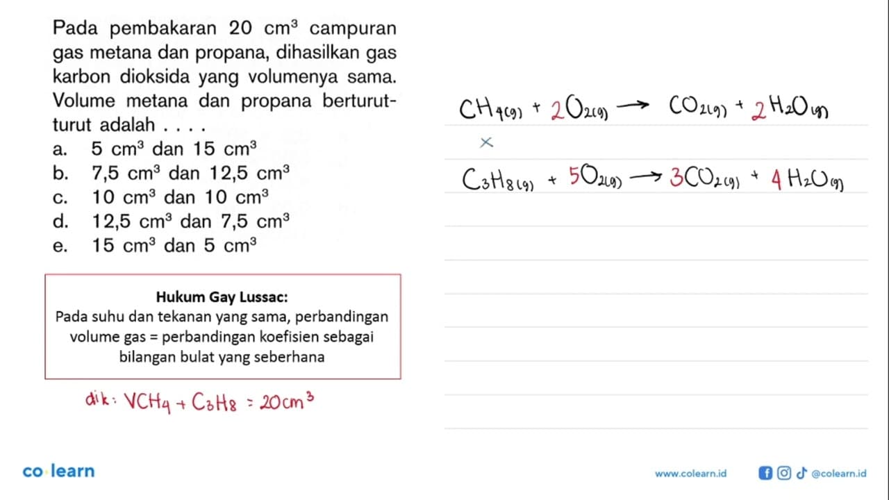 Pada pembakaran 20 cm^3 campuran gas metana dan propana,