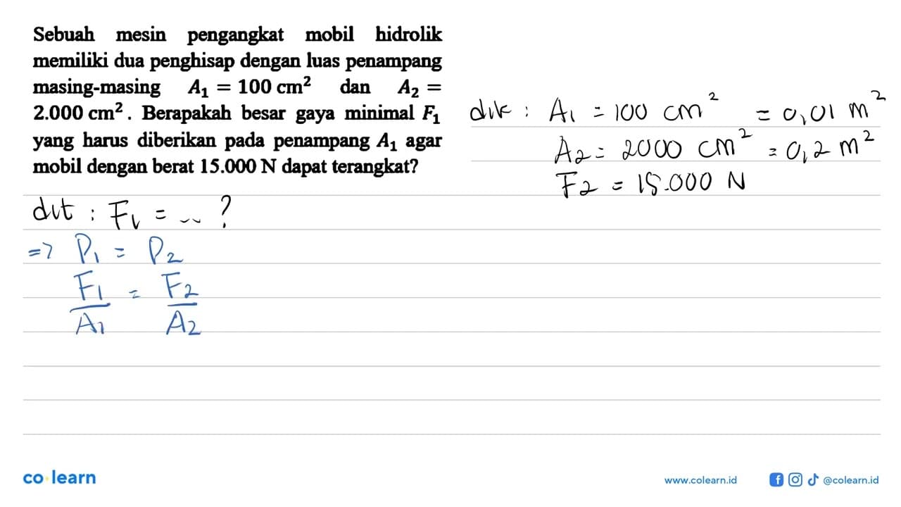 Sebuah mesin pengangkat mobil hidrolik memiliki dua