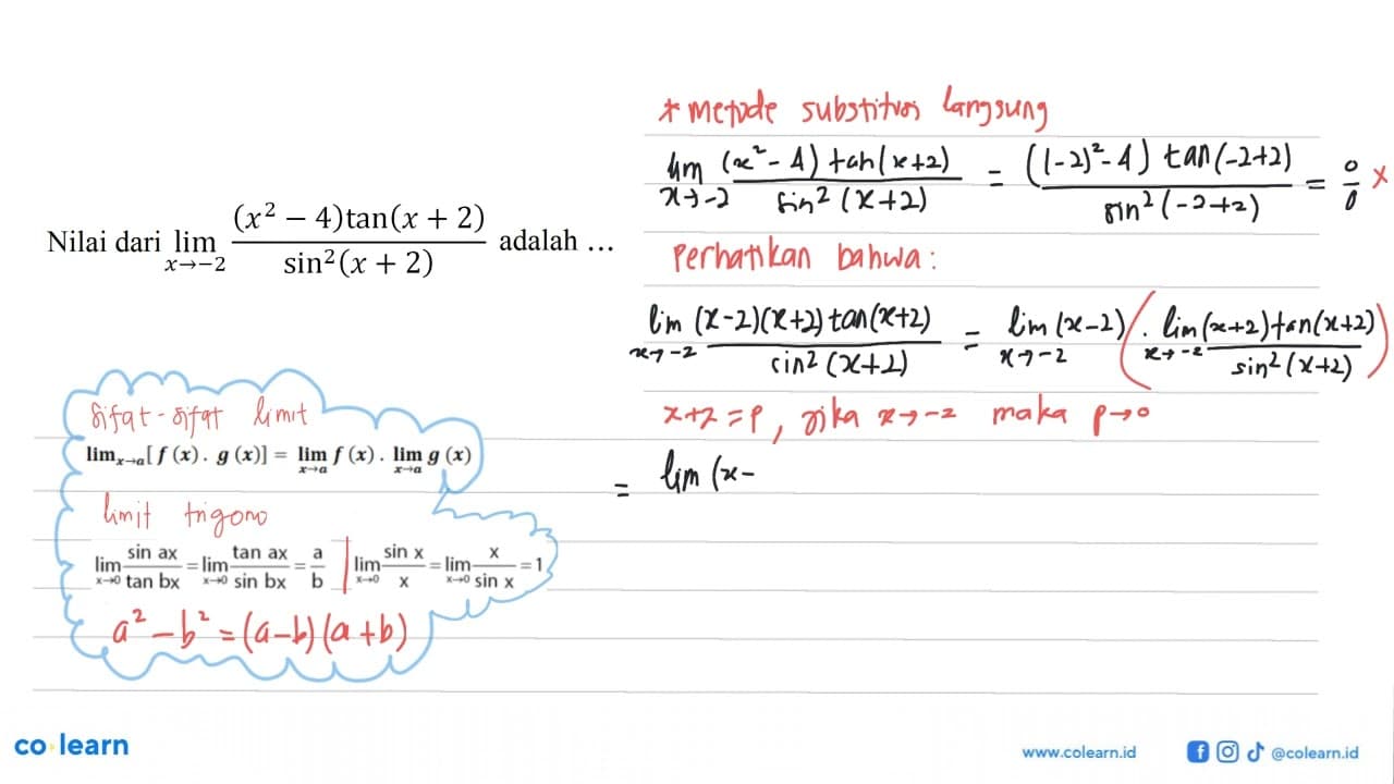 Nilai dari limit x->-2 ((x^2-4) tan (x+2))/(sin^2 (x+2))