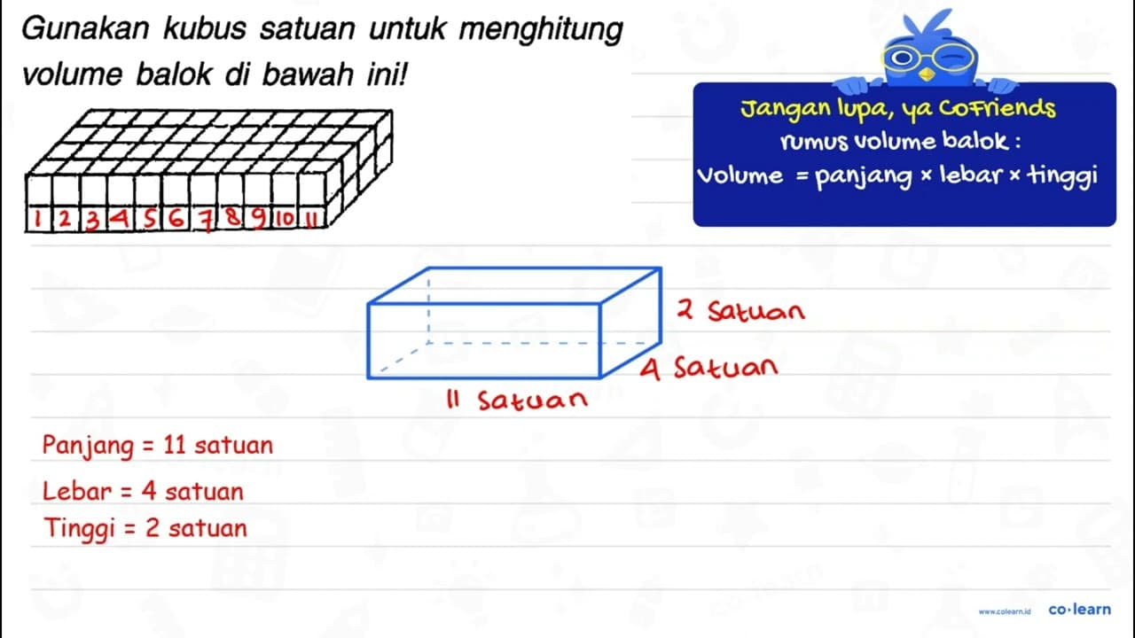 Gunakan kubus satuan untuk menghitung volume balok di bawah