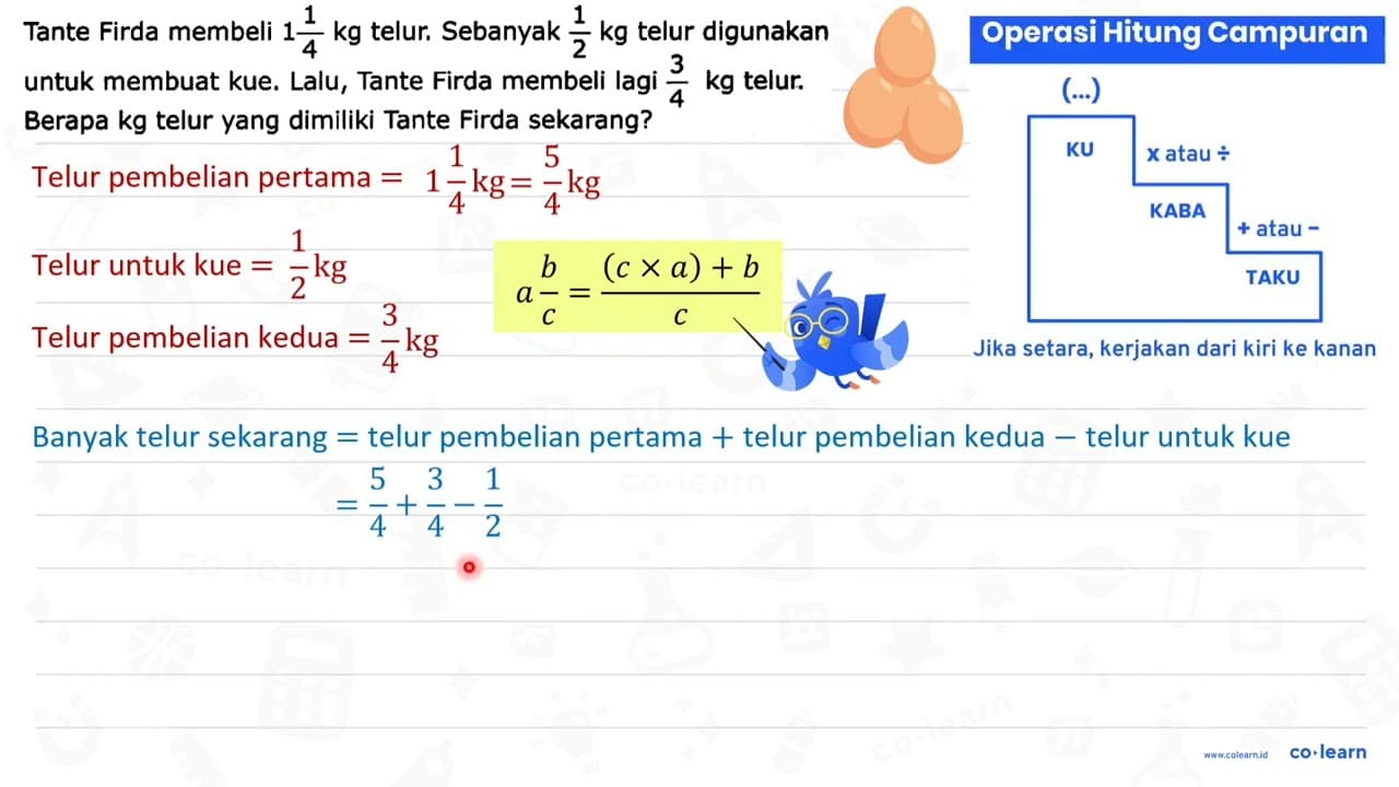 Tante Firda membeli 1 (1)/(4) kg telur. Sebanyak (1)/(2) kg