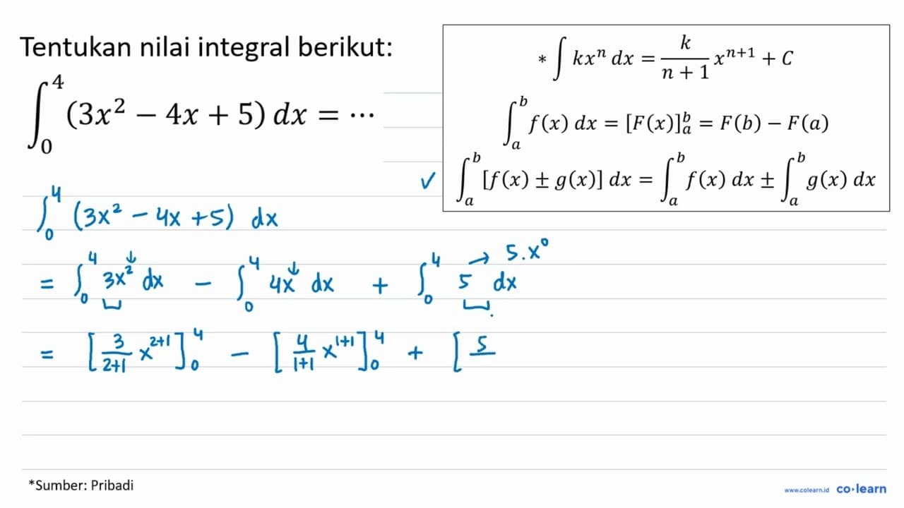 integral 0 4 (3x^2-4x+5) dx= ...